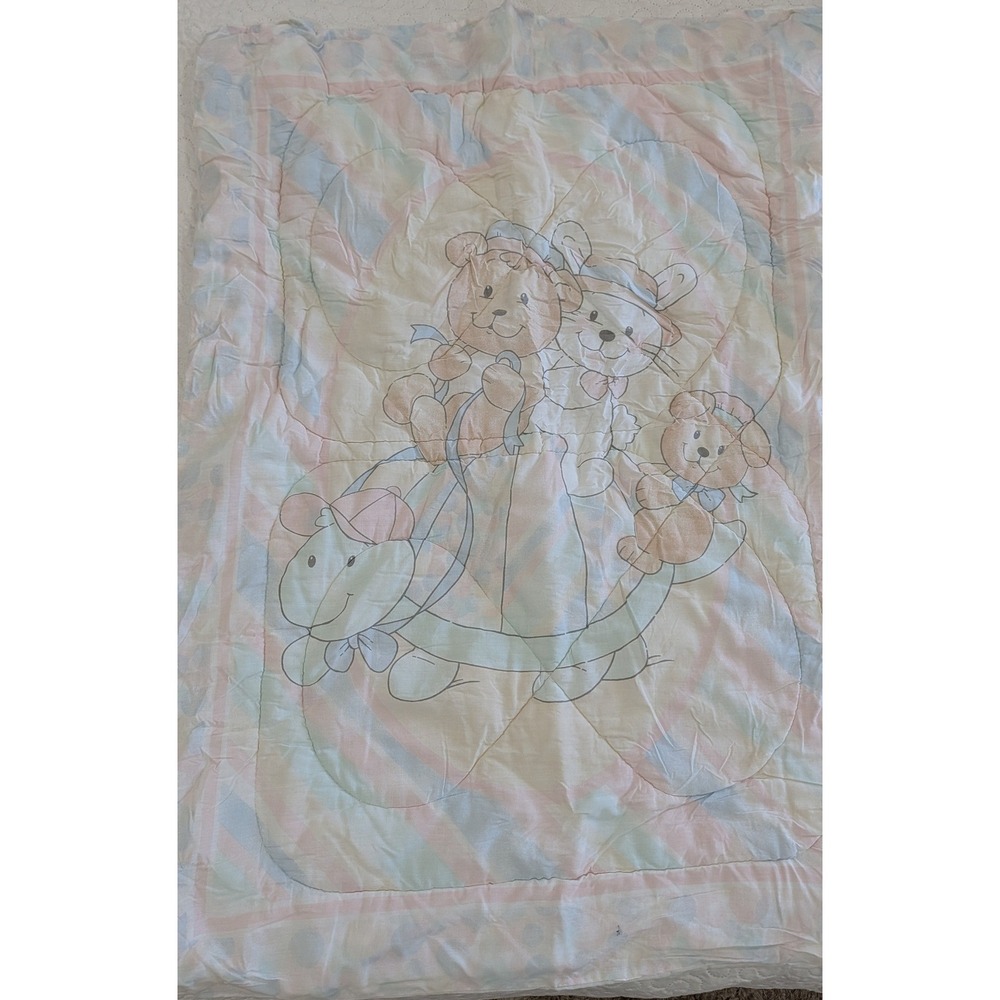 Vintage Pastel Baby Quilt Teddy Bear Bunny Turtle Nursery Blanket Pink Blue